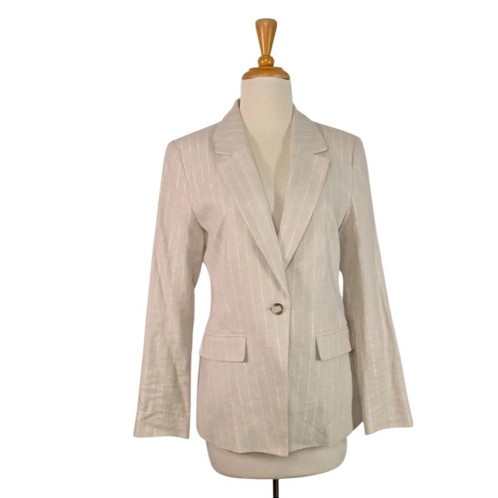 LOFT 6 S Beige Cream Pinstripe Blazer Linen Blend Career Vacation Summer Sparkly